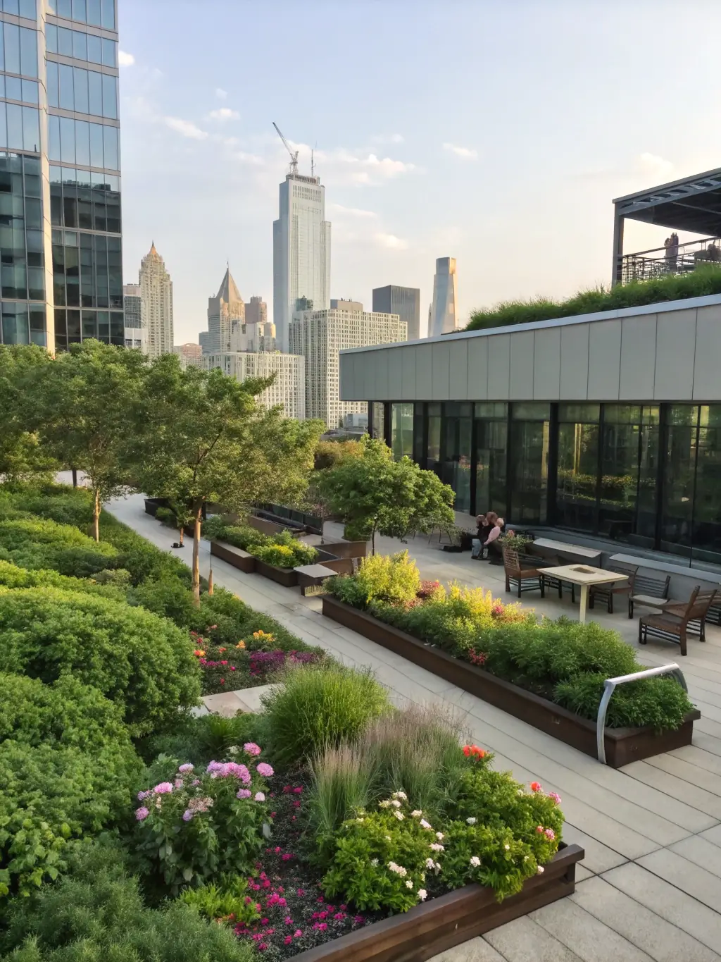 An aerial view of a green roof system on a building, showcasing the integration of nature into urban infrastructure by ManaBilt.